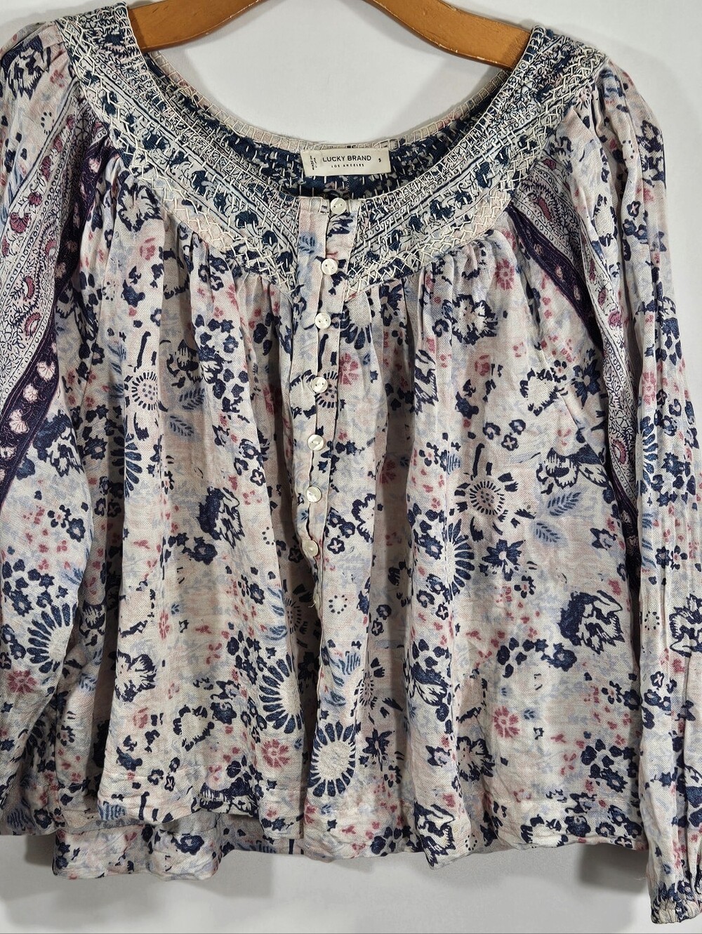 Lucky Brand Peasant Top Womens Small Embroidered Cotton Blend Floral Blouse